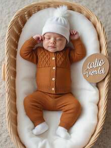 SHEIN 2pcs Baby Boys/Girls Brown Autumn Knitted Sweater & Pants Set,Modest Round Neck Long Sleeve Cable Outfit,Matching Family Casual Daily Home Clothes - Brown - View 7