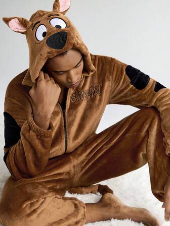SCOOBY-DOO X SHEIN 男士休闲字母和狗狗刺绣连帽连体衣，秋冬棕色蓬松舒适睡衣