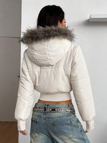 Coolane Women's Winter Basic Casual Streetwear Warm/ Cold Weather/ Thermal Quilted Coat  With Flannelette Hat Crop Top Jacket - White - View 6