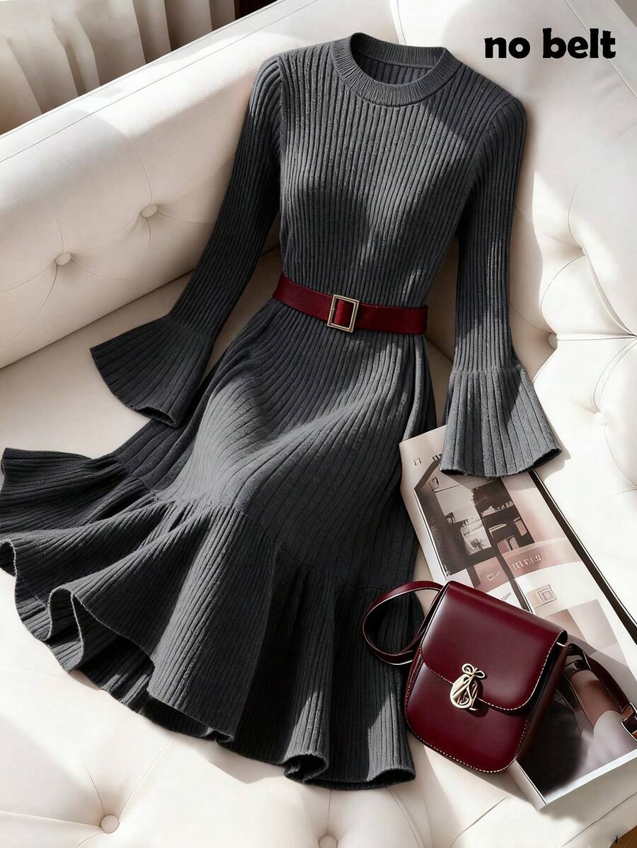 Franclia New Autumn/Winter Sexy Fitted Round Neck Flare Sleeve Elegant Casual Knit Sweater Dress For Women - Grey - View 1