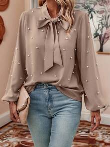 LanaWest Áo cánh tay dài màu trơn trang trí ngọc trai giả cho nữ xuân thu thanh lịch, áo dài tay - Màu Khaki - Xem 1