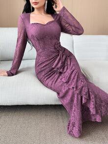 Feyla New Lace Waist Ruffle Floral Cinched Waist Elegant High-End Party Dress - Dusty Purple - View 2