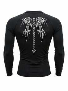 RISE LYT 1pc Men's Contrast Color Print Long Sleeve Fitted Sports T-Shirt Compression Long Sleeve Rash Guard Graphic Compression Spandex Gym Breathable Comfortable Slim Fit For Gym Training Compression Performance T-Shirt, Lightweight - Black - View 2