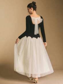 Poéselle Women's Mesh Patchwork Contrast Color Backless Elegant Long Sleeve Dress French Style Dress Women Clothing Elegant Dress Modest White Bow Back Dress Party Dress,Dresses For Women Elegant