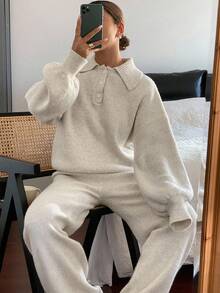 Livesso 2pcs Women Casual Collared Sweater And Pants Set, Autumn - Beige - View 5