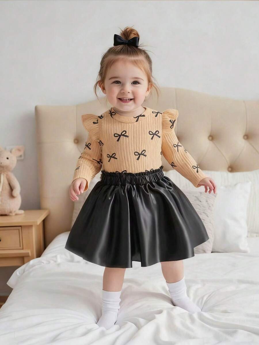 SHEIN Elladie kids 2件組女嬰卡其色長袖上衣配蝴蝶結印花與荷葉袖,黑色裙子復古兩件套套裝,秋季 - 卡其色 - 查看 1