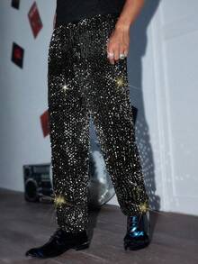 Manfinity BRENVOR Men's Fashionable Sequin Dress Pants For Party & Banquet,Stretchy