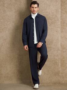 Core Aspect Men's Solid Color Long Sleeve Single-Breasted Shirt And Pants Casual Suit, Autumn - Navy Blue - View 5