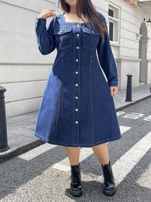 SHEIN EZwear Vestido vaquero de manga larga azul ajustado sin estiramiento de talla grande, para invierno - Azul lavado oscuro - Ver 5