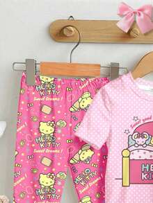 SHEIN Hello Kitty and Friends | Modeflare Wear Fetiță drăguță, inimă roz cu buline, potrivită pentru școală, socializare, petrecere în pijamale, culcare, tricou și pantaloni casual minimalist, croială strânsă, guler rotund, mânecă scurtă, pentru fetițe, lenjerie de casă, potrivită pentru vară - Multicolor - Vizualizare 5