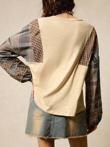 SoleilVie Áo sweatshirt dài tay màu trắng kẻ caro TXV thời trang thu/đông, kiểu dáng rộng rãi phong cách Bohemian, màu nâu, thích hợp cho các hoạt động mùa đông dành cho nữ dịp Giáng sinh và Năm mới. - Nhiều màu - Xem 2