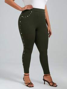 Chikora 大码高腰珍珠串珠修身休闲裤 - 軍綠色 - 查看 4