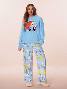 My Little Pony X SHEIN 女士卡通刺绣长袖上衣和印花长裤睡衣套装，蓬松睡衣，女士卡通睡衣，秋冬服装 - 藍色 - 查看 6