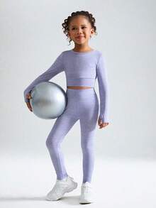 SHEIN 年轻女孩时尚套装，圆领长袖露背镂空设计上衣和紧身裤，适合日常休闲穿着，四季皆宜