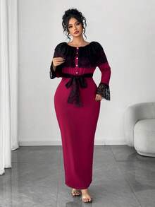 Elenzga Plus Size Lace Patchwork Cinched Waist Cinched Waist Bodycon Dress - Burgundy - View 4