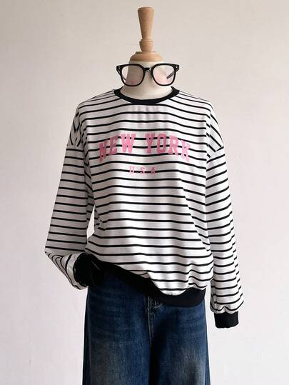 SHEIN Sweetra Young Tween Girls Casual School Girl Campus Daily Striped Versatile Letter Print Pullover Pullover Sweatshirt