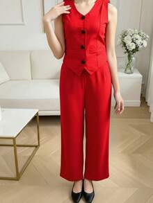 SHEIN 2pcs Vintage American Leopard Print Girl's Basic Short Sleeve Top And Long Pants Set, For Teenage Girls - Red - View 10