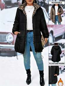 EMERY ROSE Plus Size Casual Hooded Reversible Black & Leopard Print Mid-Length Padded Coat - Multicolor - View 1