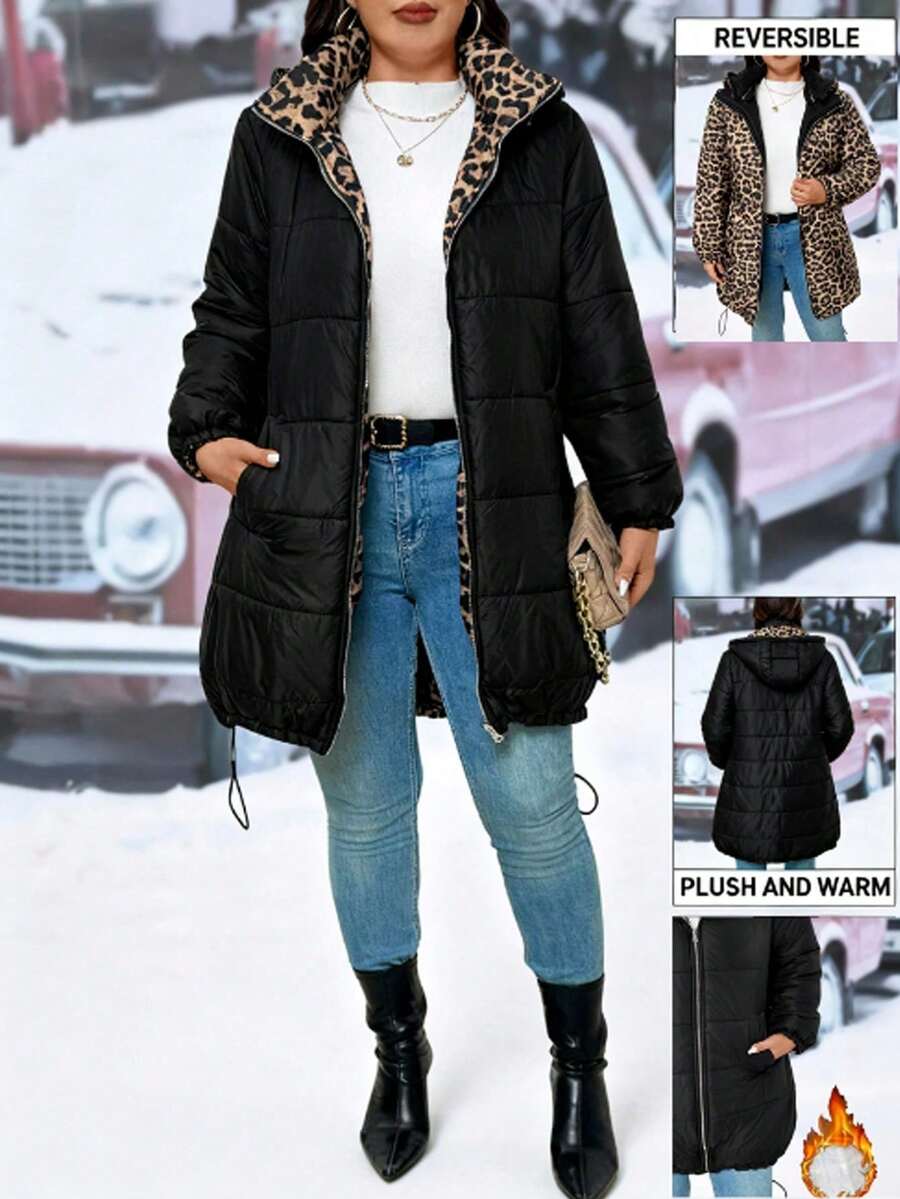 EMERY ROSE Plus Size Casual Hooded Reversible Black & Leopard Print Mid-Length Padded Coat - Multicolor - View 1
