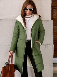 SHEIN Clasi 女式拉链连帽泰迪熊衬里绗缝大衣（秋冬） - 軍綠色 - 查看 5