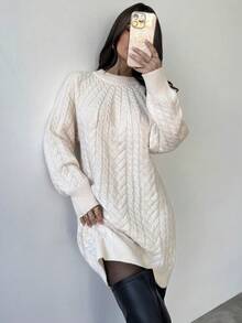 Firerie Women's Cream White Cable Knit Lantern Sleeve Sweater Dress,Elegant Crew Neck Mini Dress For Autumn,Casual Brunch,Work Outfit,Cozy Winter Clothing - Apricot - View 6