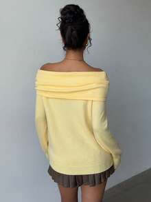 Aloruh Women's Elegant Off Shoulder Twist Loose Pale Yellow Sweater, Autumn/Winter - Butter Yellow - View 7
