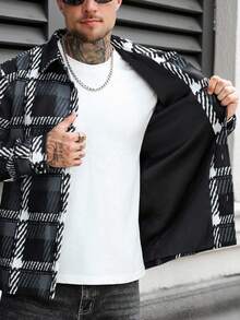 Manfinity Homme Men's Casual Plaid Print Button Woolen Streetwear Black And White Long Sleeve Overcoat Old Money, Fall/Winter