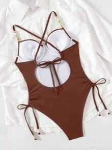 Swim Chiccia Swim Chic Sea-D 女士纯色钢带串珠交叉露背抽绳侧边连体泳衣 - 咖啡棕 - 查看 4