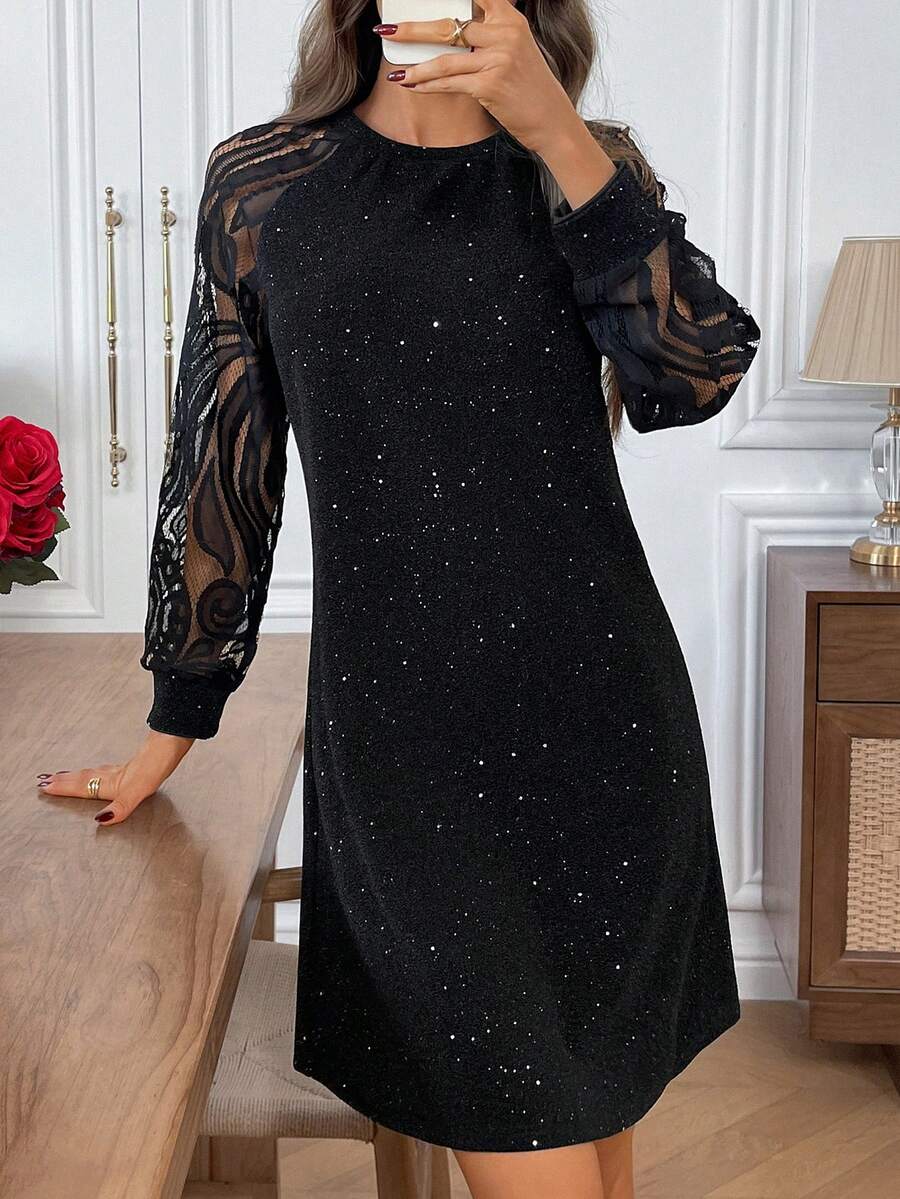 EMERY ROSE Women's Fashion Commuter Mesh Patchwork Mini Dress Black Glitter Dress Long Sleeve Elegant Dress Sparkly Black Dress Black Elegant Dress Women Black Sequin Dress Party Dress Lace Dress Going Out Outfit Fall Dresses Casual Dresses For Women,Party Dresses For Women,Christmas Party Dress New Year Dress New Year Clothes,Dresses For Women Elegant,Black Dress