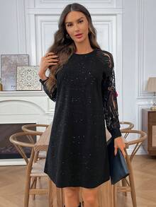 EMERY ROSE Women's Fashion Commuter Mesh Patchwork Mini Dress Black Glitter Dress Long Sleeve Elegant Dress Sparkly Black Dress Black Elegant Dress Women Black Sequin Dress Party Dress Lace Dress Going Out Outfit Fall Dresses Casual Dresses For Women,Party Dresses For Women,Christmas Party Dress New Year Dress New Year Clothes,Dresses For Women Elegant,Black Dress
