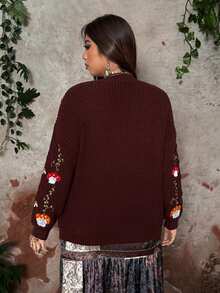 Whyspr Grunge Punk Cottage Plus Size Women Cable Knit Cardigan Sweater With Embroidered Cuffs, Autumn/Winter - Brown - View 4