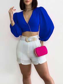 SHEIN Clasi Áo sơ mi dài tay thanh lịch dành cho nữ có thiết kế tay áo lồng đèn và cà vạt - Màu xanh lam - Xem 5