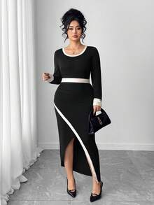 Elenzga Robe élégante et pour femmes avec col rond, manches longues et ourlet fendu en couleurs contrastées - Multicolore - Voir 3