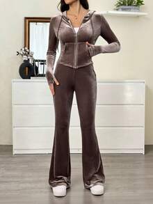 SHEIN Tall Set de 2 buc. pentru femei, top cu glugă și fermoar și pantaloni skinny de culoare solidă - Maro - Vizualizare 3