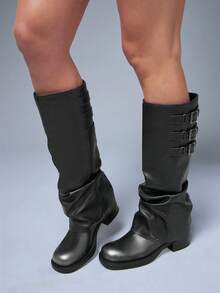 Solezae 女式及膝厚底翻盖机车靴 - 深灰色 - 查看 2