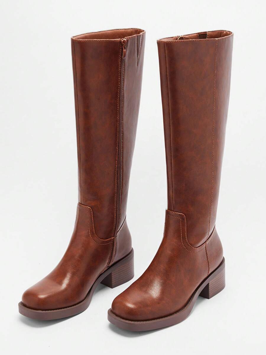 Solezae Botas altas hasta la rodilla con tacón de bloque, elegantes y cómodas para mujer - Caqui - Ver 1