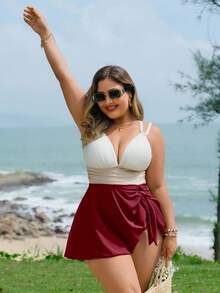 Swim Lushoire Bộ đồ bơi 2 mảnh họa tiết chắp vá ba màu cỡ lớn dành cho nữ kèm quần bơi - Nhiều màu - Xem 5