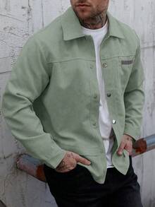 Manfinity Homme Men's Solid Color Front Button Pocket Casual Long Sleeve Jacket, Corduroy, Fall/Winter - Green - View 5
