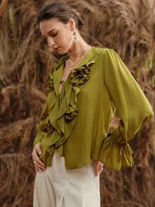 Chiquease Women's Solid Color 3D Floral Decor Long Sleeve Boat Neck Ruffle Chiffon Blouse - Mustard Yellow - View 7