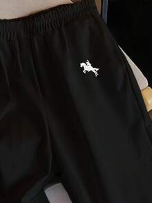 SHEIN EZwear 女士休闲度假阔腿裤，刺绣小马图案，适合夏季度假 - 黑色 - 查看 6