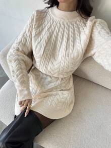 Firerie Women's Cream White Cable Knit Lantern Sleeve Sweater Dress,Elegant Crew Neck Mini Dress For Autumn,Casual Brunch,Work Outfit,Cozy Winter Clothing - Apricot - View 1
