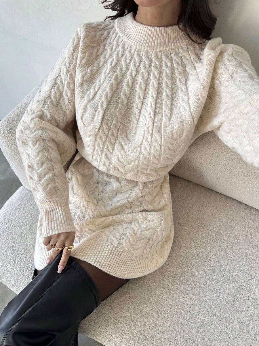 Firerie Women's Cream White Cable Knit Lantern Sleeve Sweater Dress,Elegant Crew Neck Mini Dress For Autumn,Casual Brunch,Work Outfit,Cozy Winter Clothing - Apricot - View 1