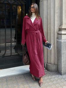 Aloruh 女士秋冬新款酒红色绒面革长款风衣，双排扣立领配腰带，宽松袖口风衣 - 酒紅色 - 查看 8