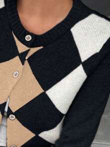 Pariaura Women's Rhombus Pattern Crew Neck Long Sleeve Casual Knit Cardigan, Autumn/Winter - Multicolor - View 5