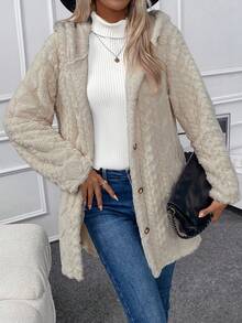 SHEIN LUNE 女士休闲常规款连帽长袖单排扣毛绒外套，秋冬款 - 米色 - 查看 5