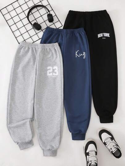 Genkimix Kids 3件套男童休闲运动学院风运动裤，灰色、藏青色、黑色，印有23号、King、纽约字母图案，四季皆宜