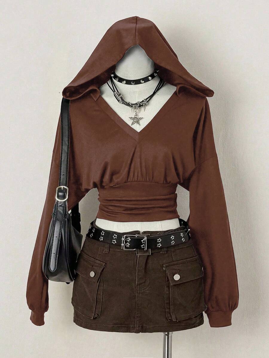 EgrlEra Áo nỉ dài tay có mũ trùm đầu màu trơn, eo nhún, gợi cảm - màu nâu - Xem 1