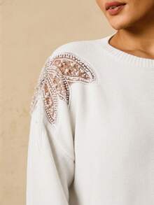 Travachic Plus Size Fashionable Women's Beaded Pullover Sweater In Fall/Winter - White - View 6
