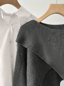 GlowEve 独特小众设计感灰色长袖针织衫，女士新款休闲宽松上衣，搭配条纹阔腿裤，女士针织两件套 - 彩色 - 查看 5