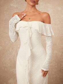 Lumalex Spring Summer 1pc Women's Off-Shoulder Ruffle Trim Bodycon Long Sleeve Dress With Flared Hem Perfect For Summer, Spring-Break Trips, Cruises, Beach Weekends, Vacations, Parties, Date Nights, Weddings, Proms, Banquets, Birthdays, Carnivals, Festivals And Other Holiday Events. Neo-Girly Charm, Boho-Casual Flair, Quiet Luxury, Business Chic, And Relaxed Vacay A Richly Layered, Glitter-Accented Style For Luxury Proms, Receptions, Banquets, Weddings, Raves, Festivals, Holiday Gatherings, And Outdoor Evening Occasions-Ideal Whenever You Need A Sophisticated Yet Striking Party Look - Red - View 5